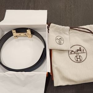 Authentic Hermes Belt 32MM Reversible Black/Sea Blue Leather, Gold Buckle, 115